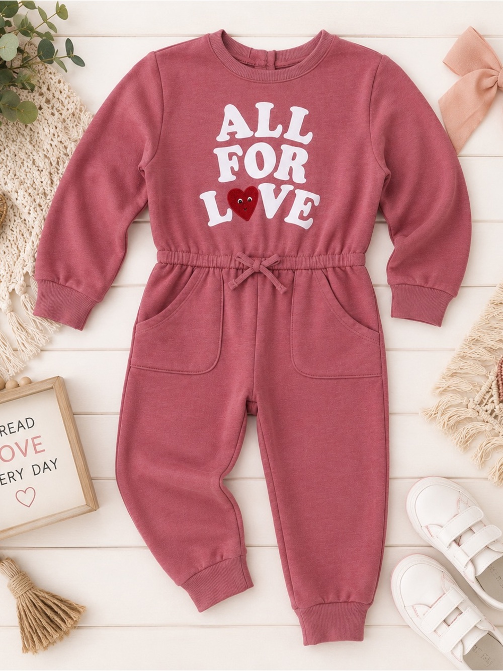 Old Navy Toddler Girls All For Love Pink Jumpsuit Romper 3T Pockets